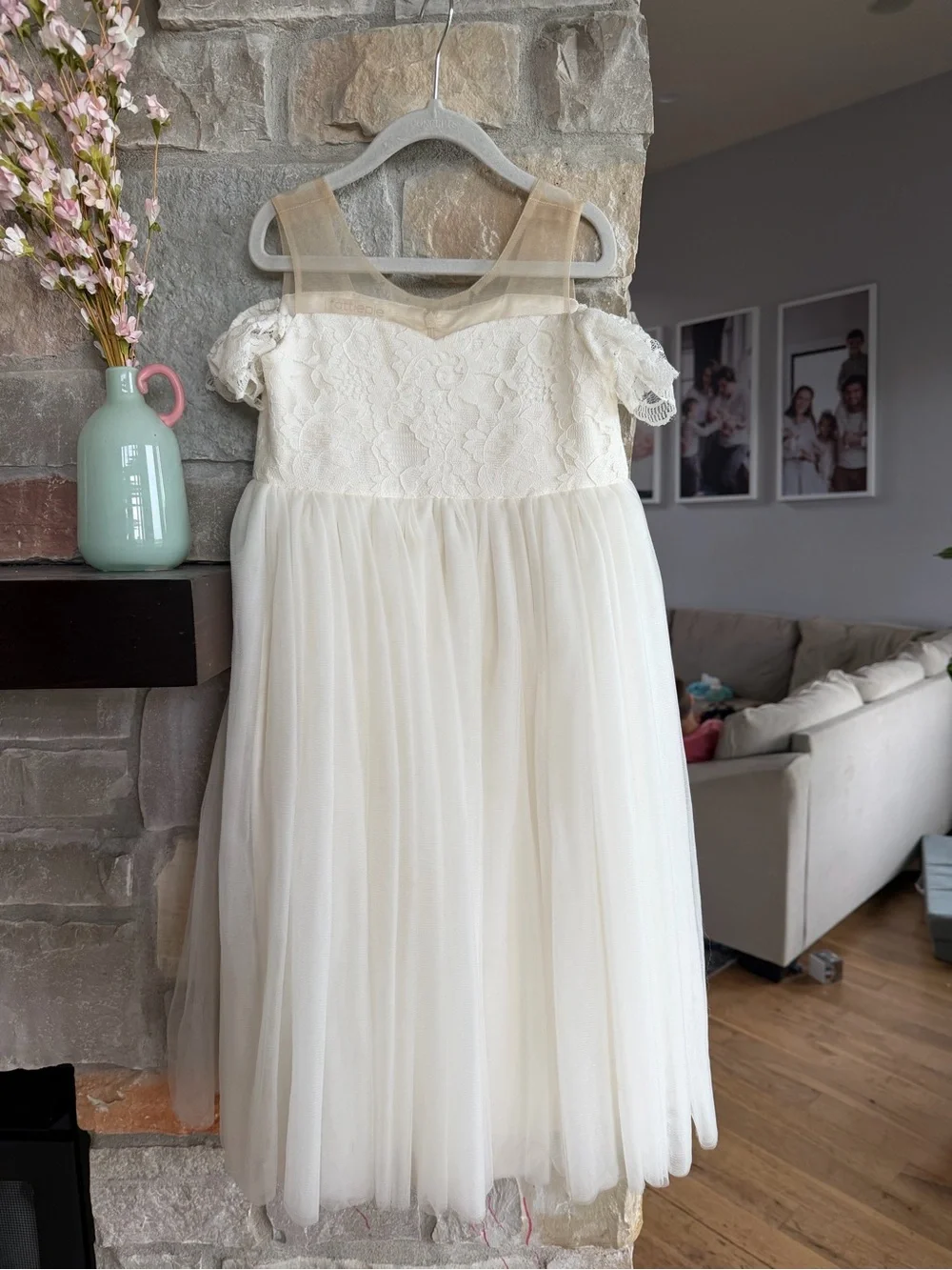 Girls' Cream Lace & Tulle Occasion Dress with Sheer Yoke